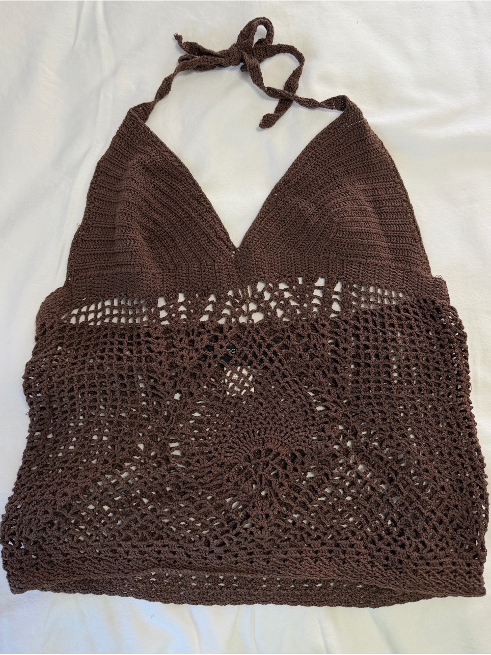 BCBGMAXAZRIA Brown Crochet Halter Top L 100% Cotton Boho Festival Beach